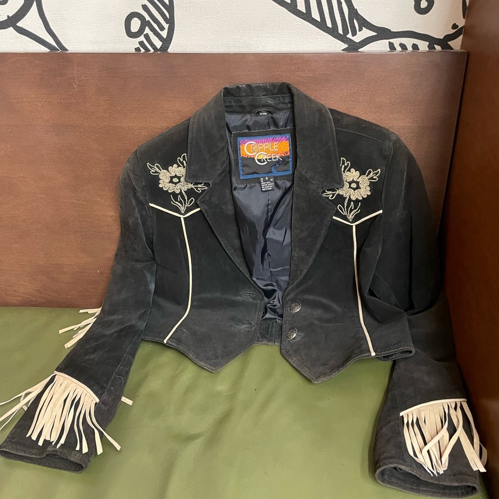 Cripple Creek Elegant Black Fringe Blazer with Floral Embroidery